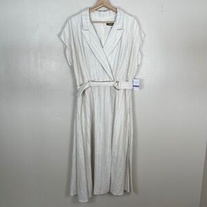 Melonie T Women's 18 Midi Dress Sand Gold Metallic Stripe Belted NEW